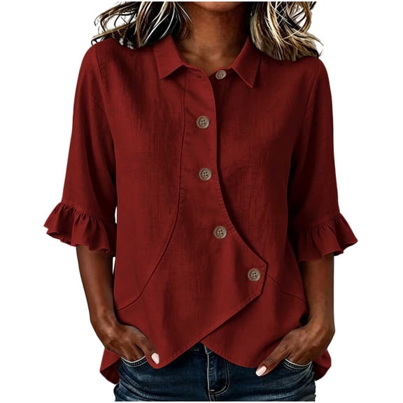 2026 Womens Button-front Henley Shirts Lightweight Collared Plain Elbow Sleeve Clothes Top Dressy Vacation Casual Summer Outfits