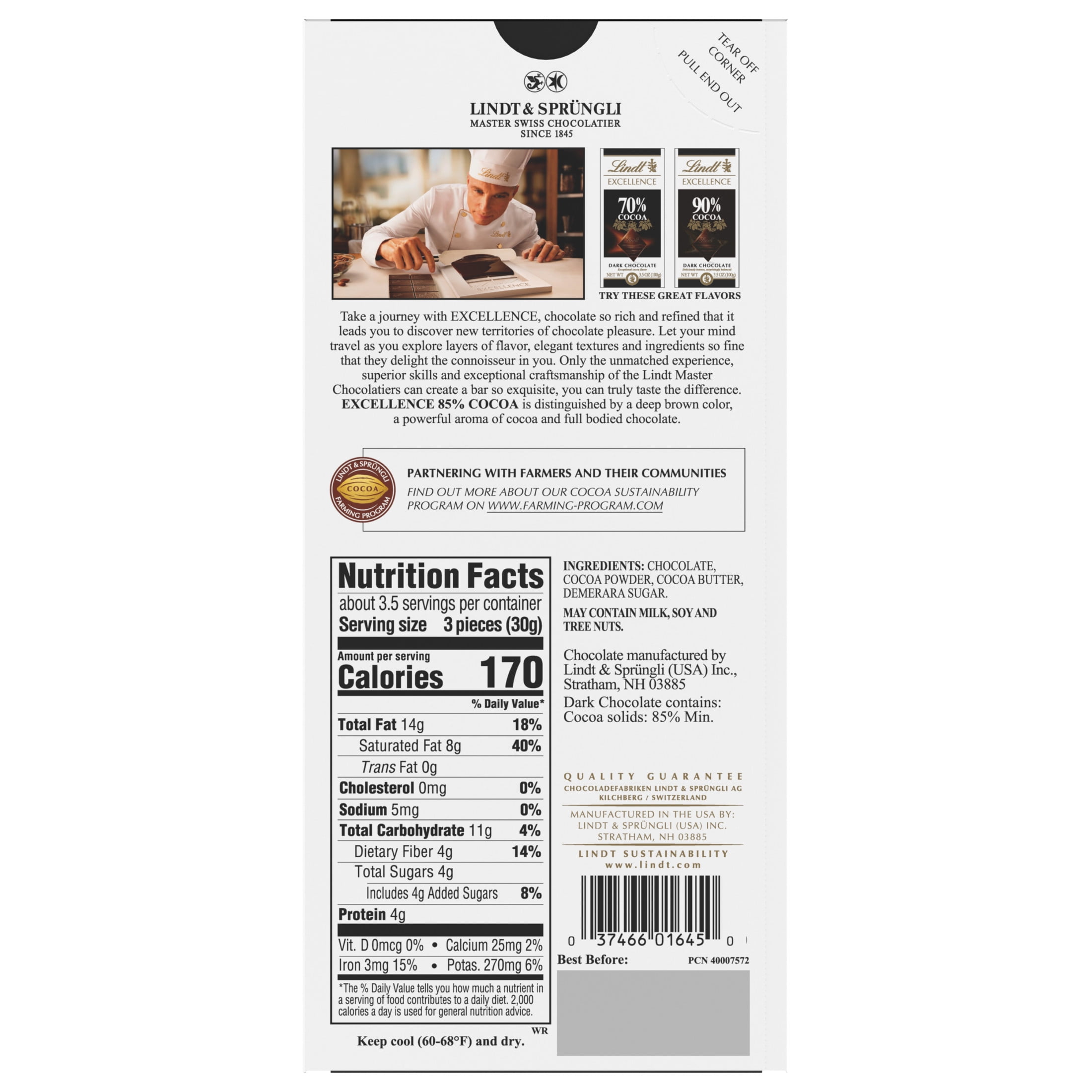 Lindt Excellence Dark Chocolate, 85% Cocoa, Candy Bar, 3.5 oz, Bar