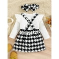 thumbnail image 4 of Cenuakty Toddler Baby Girl Spring Clothes Set, Solid Ribbed Long Sleeve Ruffled Romper + Plaid Print Suspender Skirt + Headband, 4 of 9