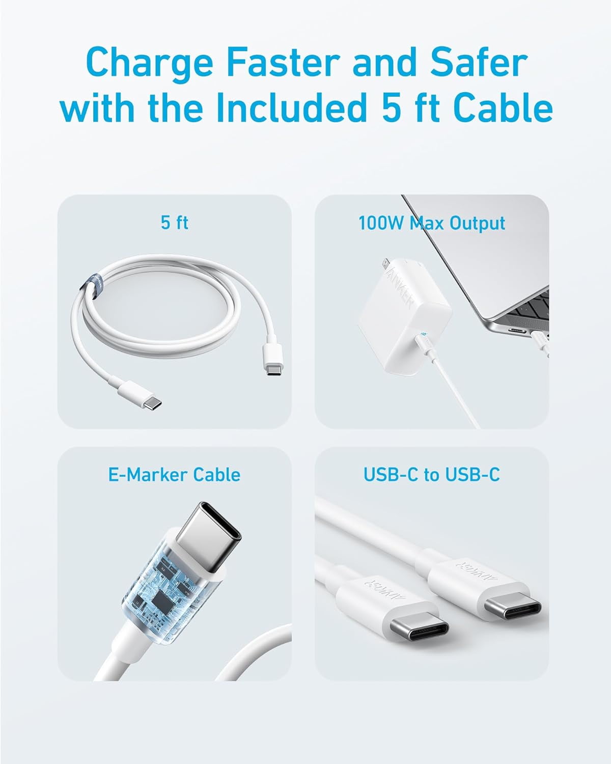 Anker 100W USB C Charger, Compact and Foldable Travel Charger for MacBook Pro, MacBook Air, Samsung Galaxy, iPad Pro, and All USB C Devices, 5 ft USB C to USB C Cable Included