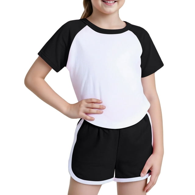 T-shirts Décontractés à Manches Courtes Raglan pour Filles, Col Rond, Bloc de Couleur, Été, 5-14 Ans (Couleur : Noir, Taille : 110)