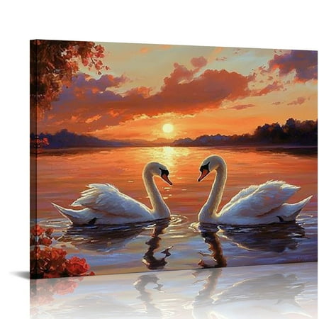 BCIIG Swan and Sunset Canvas Wall Art Romantic Flower Lake Painting Print Wall Decor for Living Room Bedroom Bathroom 20x16in