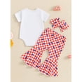 thumbnail image 4 of Suagox Baby Girls Summer Outfit, Short Sleeve Letters Print Romper with Plaid Flare Pants and Headband 4th of July Clothing for 0-18 Months Baby, 4 of 10