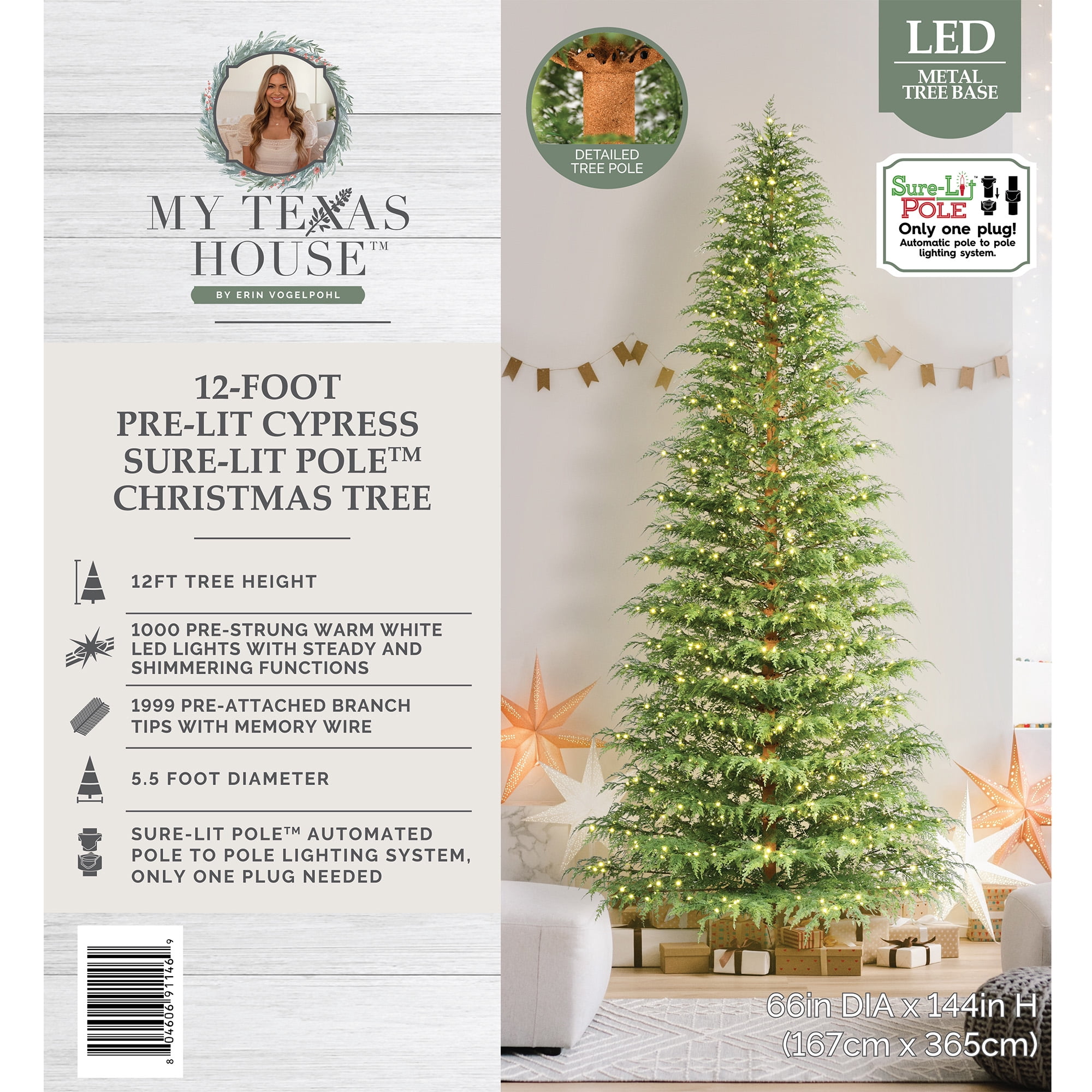 My Texas House 12ft Pre-Lit Cypress Artificial Christmas Tree, 1000 Warm White Twinkle LED, Green