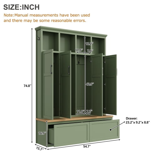 74.8" Modern Farmhouse Hall Tree with 4 Hidden Cabinets, 6 Hooks, Storage Drawers and Bench, Entryway Coat Rack Organizer, Green