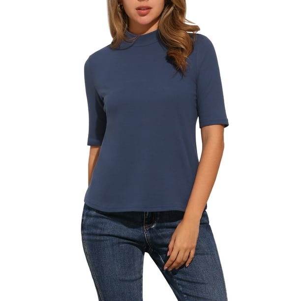 Camisetas de media manga INSPIRE CHIC para el Día de la Madre para mujeres, blusa de cuello alto, blusas casuales, tops sólidos elásticos suaves de longitud hasta el codo, XL gris azul