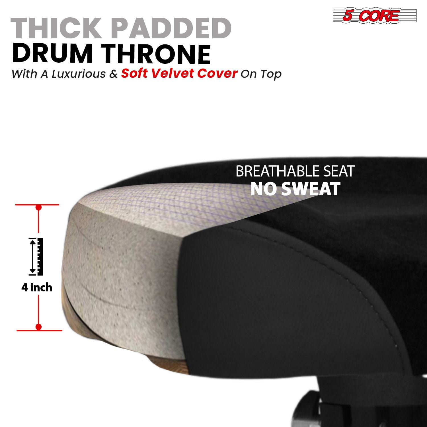 Drum Throne with Backrest, 4" Padded Stool with Airlift Adjustment 19"-25", 441Lb Capacity Heavy-Duty Drum Stool for Drummers, Double-Braced Steel Base
