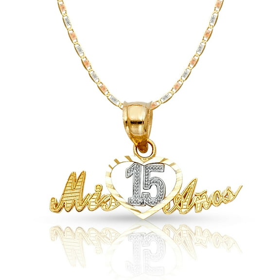 14K Two Tone Gold Sweet 15 Years Quinceanera Heart Mis 15 Anos Charm Pendant with 1.5mm Valentino Chain Necklace