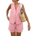 thumbnail image 7 of 2 Piece Outfits for Women Summer Bussiness Linen Sets Sleeveless V Neck Vest Button Waistcoat and Pockets Shorts, 7 of 7