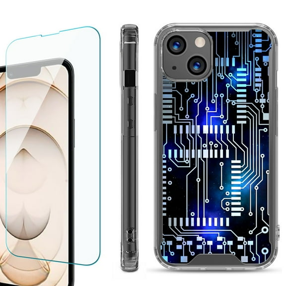 Shockproof Bumper Phone Case for iPhone 13, with Tempered Glass Screen Protector, by OneToughShield ® - Cosmos Circuit
