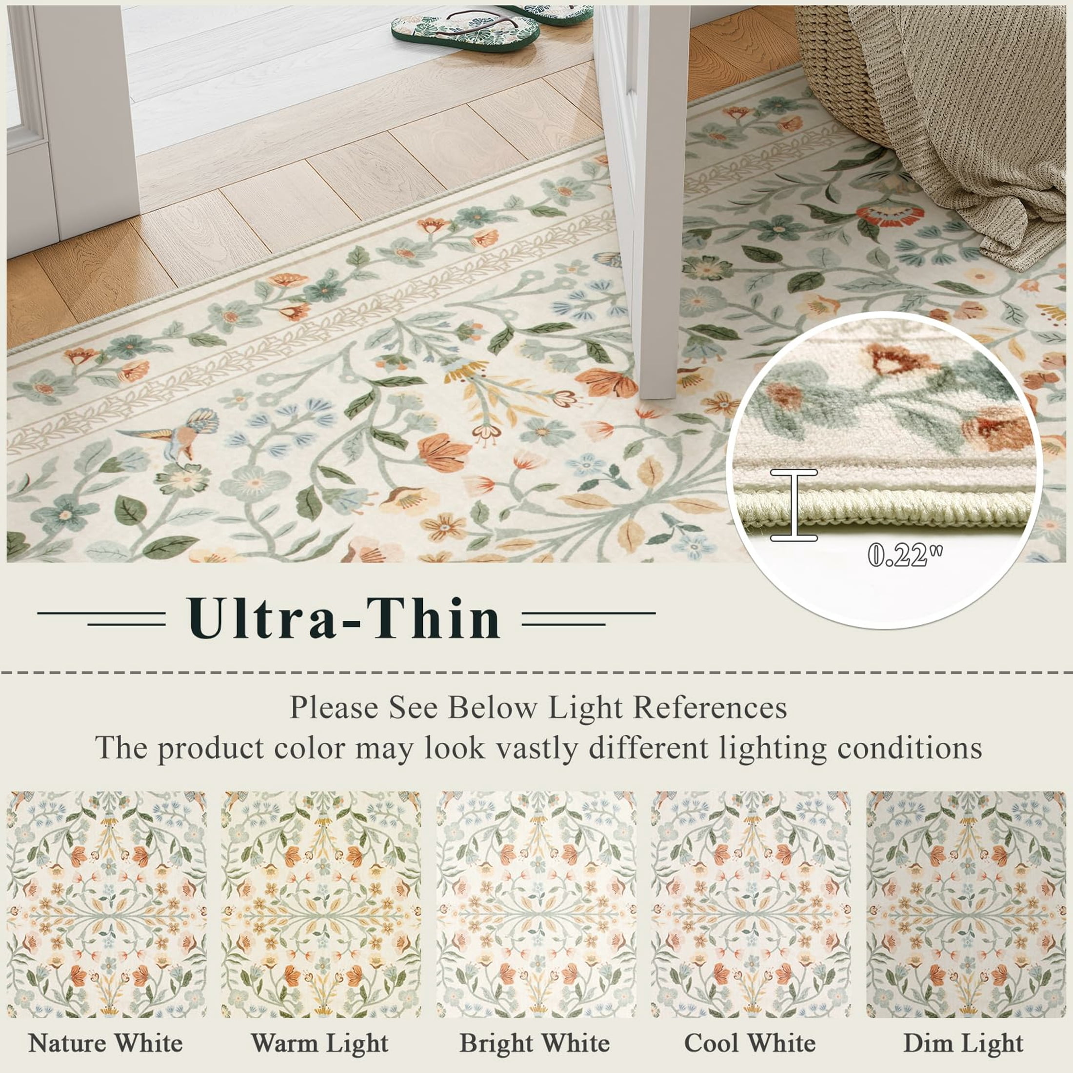 Moynesa 9'x12' Floral Area Rugs for Living Room, Washable Large Vintage Botanical Rugs for Bedroom, Soft Non Slip Cottagecore Flower Accent Carpet for Dining Room Dorm Apartmen, Beige