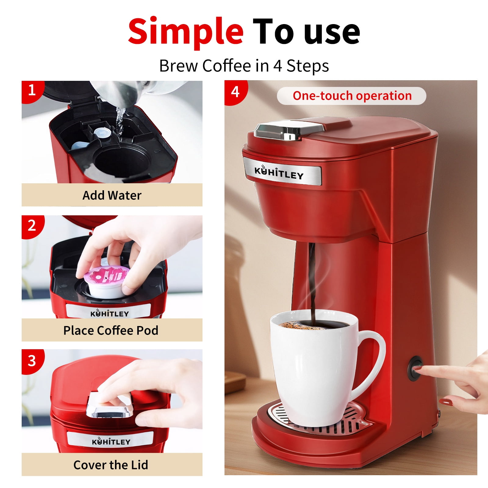 2 in 1 Single Serve Coffee Maker for K Cup Pods & Ground Coffee, Mini K Cup Coffee Machine with 6 to 14 oz Brew Sizes, Single Cup Coffee Brewer with One-Press Fast Brewing, Reusable Filters,Red