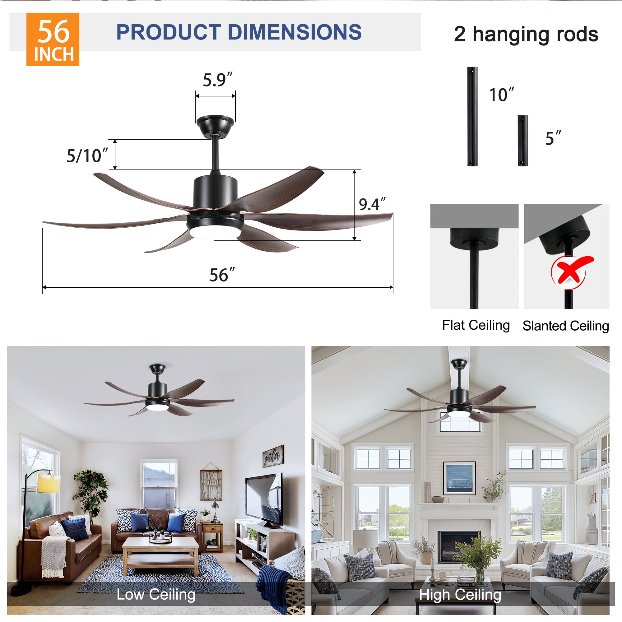 BOFANG Large Room Ceiling Fan 56 inch, 6 Blades for Patio Living Room Bedroom(Matte Black)