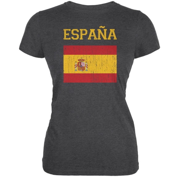 World Cup Distressed Flag Espana Dark Heather Juniors Soft T-Shirt - Small