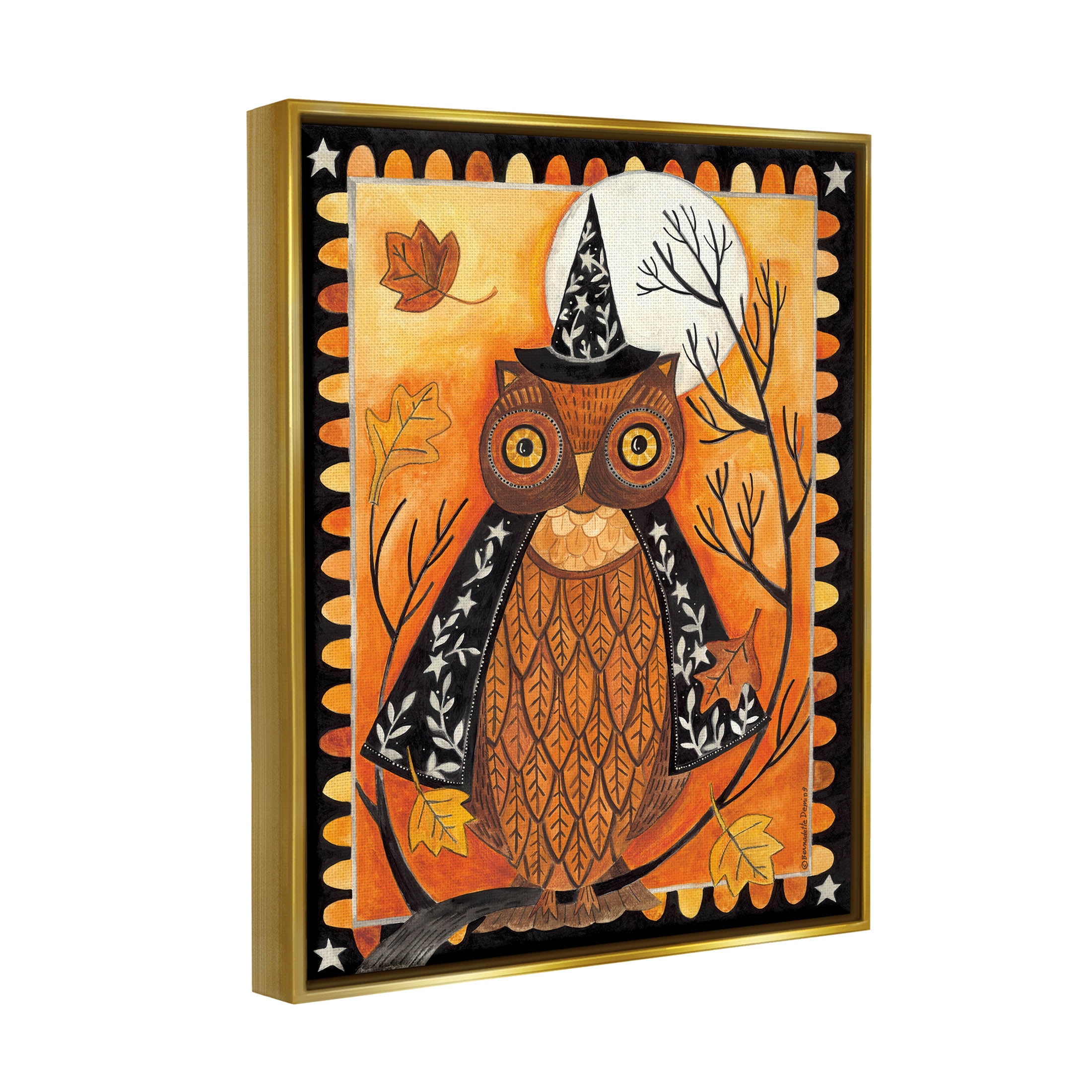 Seasonal Autumn Owl Moonlit Night Holiday Graphic Art Metallic Gold Framed Art Print Wall Art