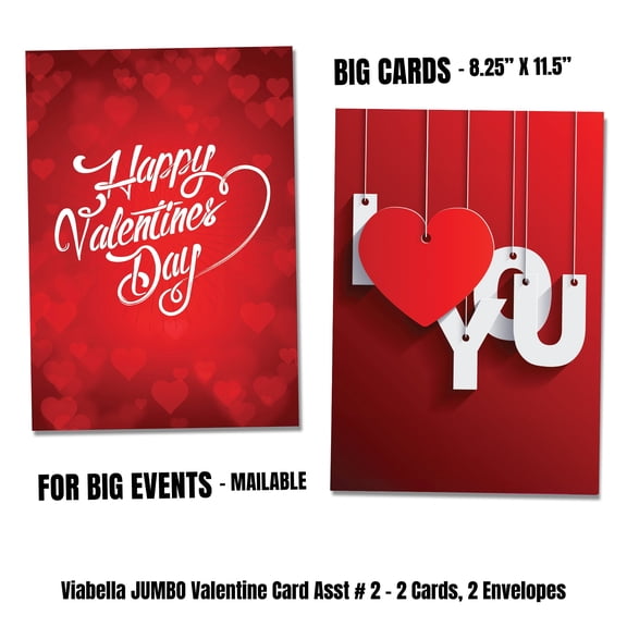 Viabella Jumbo Valentine Card Asst Traditional - 2 Cards, 2 Envelopes
