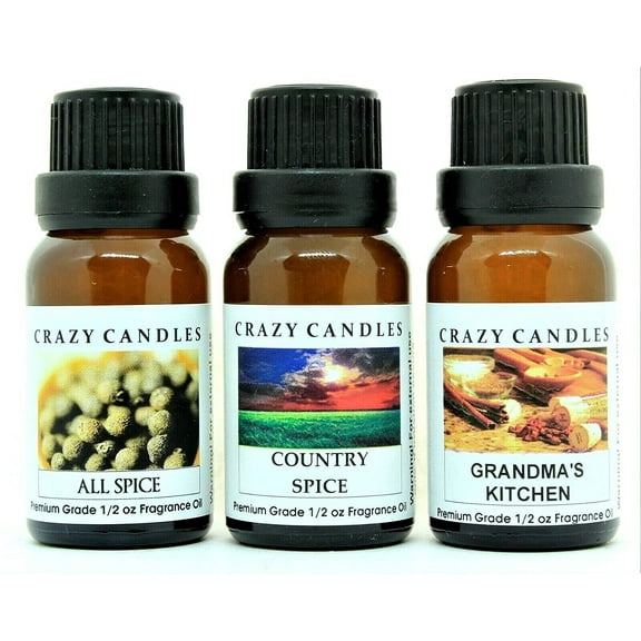 Crazy Candles 3 Bottles Set, 1 All Spice, 1 Country Spice, 1 Grandma's Kitchen 1/2 Fl Oz Each (15ml) Premium Grade Scented Fragrance Oils