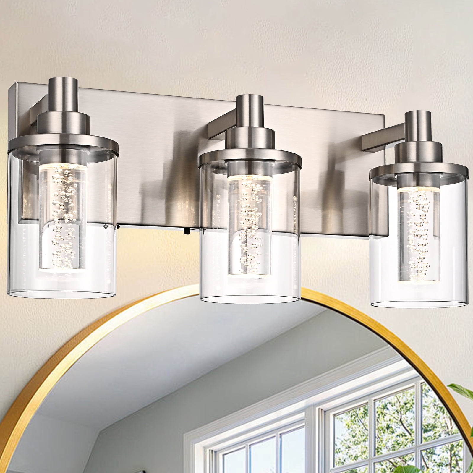 Melucee 5CCT Dimmable LED Brushed Nickel Vanity Lights 3-light, Modern Vanity Lighting Fixtures with Crystal Light Columns and Clear Glass for Bathroom Bedroom