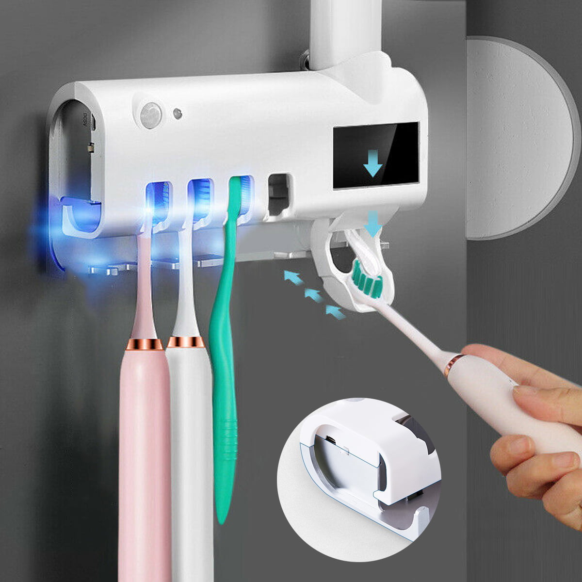 Avari Dual UV & Heat Premium Toothbrush Sanitizer AC Adapter plus Toothpaste Holder White with Stand and Wall Mount Antibacterial Germ Free Sterilizer for Toothbrush and Razor Hygiene