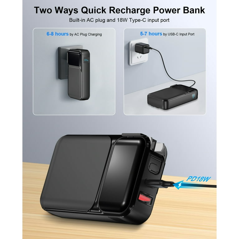 38800mah Portable Charger Power Bank with Built-in Cable and AC Wall Plug,22.5W Fast Charging Battery Pack,Compatible with iPhone/Android with LED