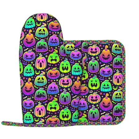 

colorful halloween pumpkins Oven Mitts and Pot Holders Sets Heat Resistant Silicone Oven Mitts Pot Holders for Kitchen Cooking Baking Non-Slip Oven Gloves Hot Pads Potholders