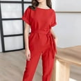 thumbnail image 4 of Jinhomg Womens Business Casual Outfits Fashion Roll Sleeve Asymmetrical Blouses and Straight Leg Pants 2 Piece Office Work Suits with Belt Red L, 4 of 10
