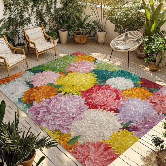 Watercolor Chrysanthemum Outdoor Rug for Patio/Deck/Porch, Non-Slip Large Area Rug 4 x 6 Ft, Vintage Abstract Oil Painting Floral Indoor Outdoor Rugs Washable Area Rugs, Camping Rug Carpet Runner