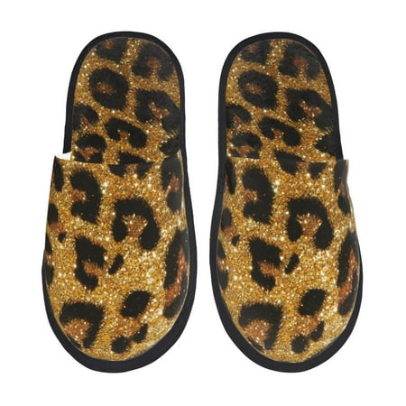 Balery Golden Leopard Glitter Slient Indoor Furry Fleece Comfort House Shoes Soft Non-Slip Home Shoes Cotton slippers House Slippers-- Large