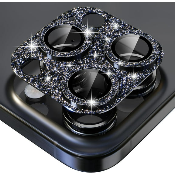 for iPhone 15 Pro/iPhone 15 Pro Max Camera Lens Protector, Metal Camera Screen Protector Cover Accessories, Case Friendly, HD Tempered Glass,Drop Protection, Easy to Install (Glitter Black)