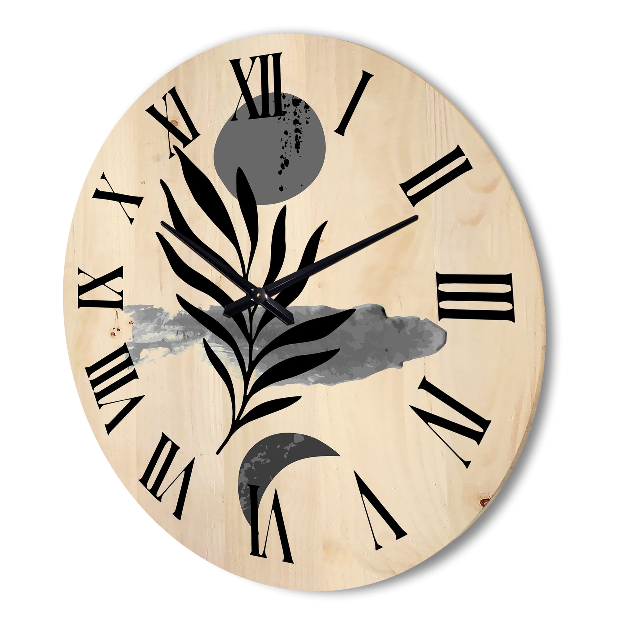 Designart 'Abstract Black Tropical Leaf II' Modern Wood Wall Clock