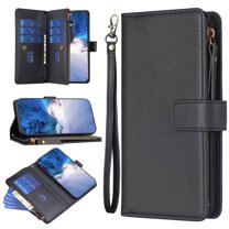 Zipper Wallet Case for iPhone 11, for Women & Men Flip Purse Cover with Credit Card Slots Wrist Hand Strap Kickstand, PU Leather Magnetic Clasp TPU Shockproof Phone Case, Black