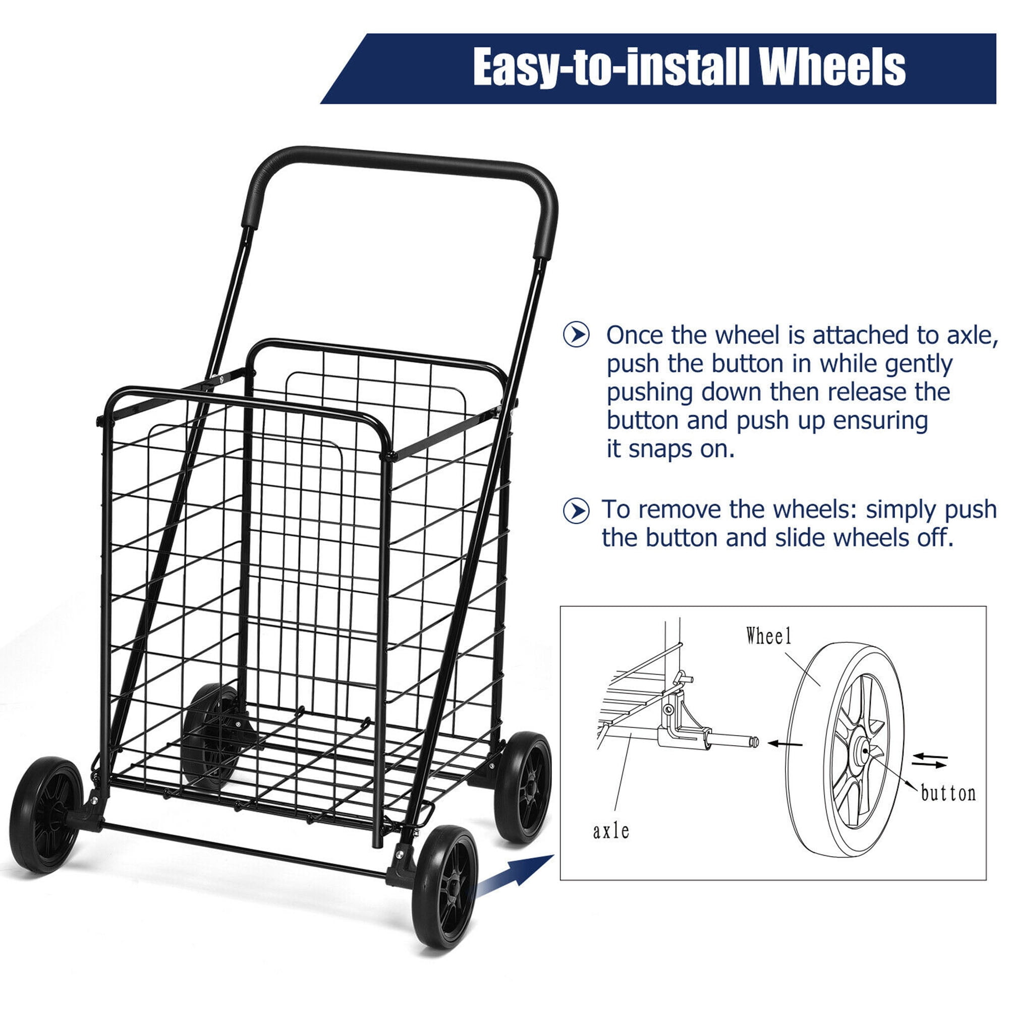 Gymax Folding Shopping Cart Utility Trolley Portable For Grocery Laundry Travel Black