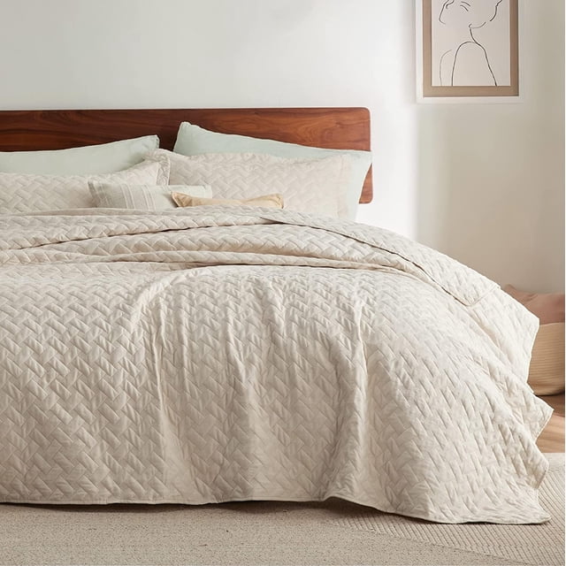 Colcha para cama California King, color beige, con estampado de cestería