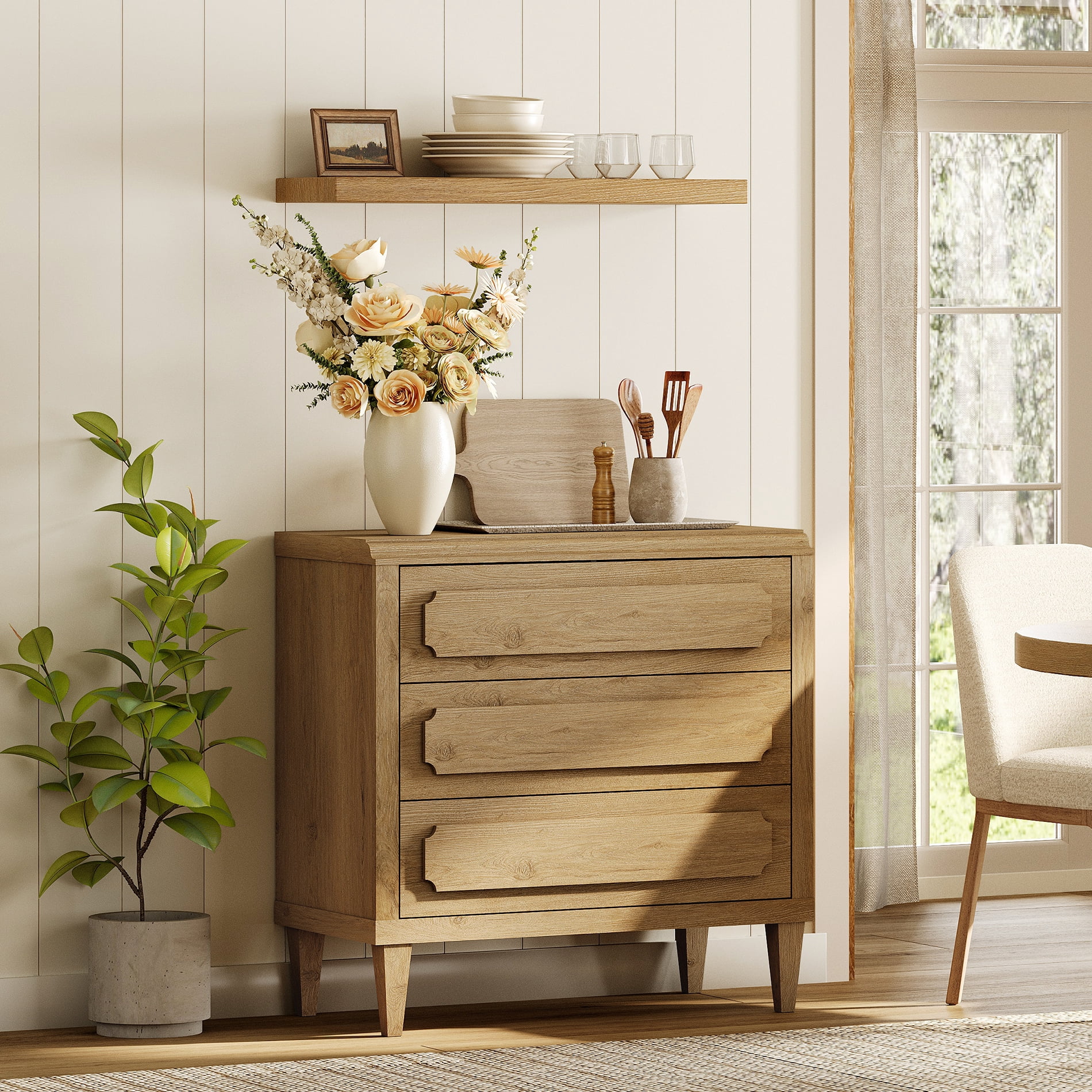 WAMPAT Large Wood Nightstand with 3 Drawers
