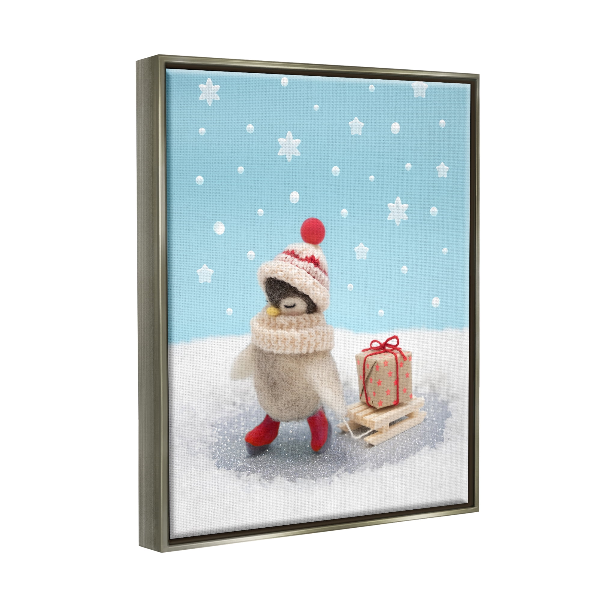 Stupell Industries Penguin Christmas Present Sled Holiday Photography Gray Floater Framed Art Print Wall Art
