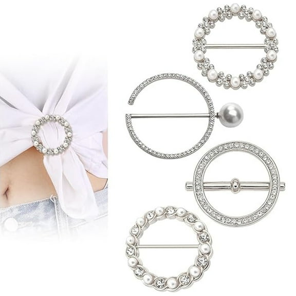 Eosunjian 4 Pcs Clothes Corner Knotted Buttons Round Circle Shape Faux Pearl Rhinestone Decor Scarf Ring Clips T-shirt Ties Clips Shirt Tighten Clips Golden