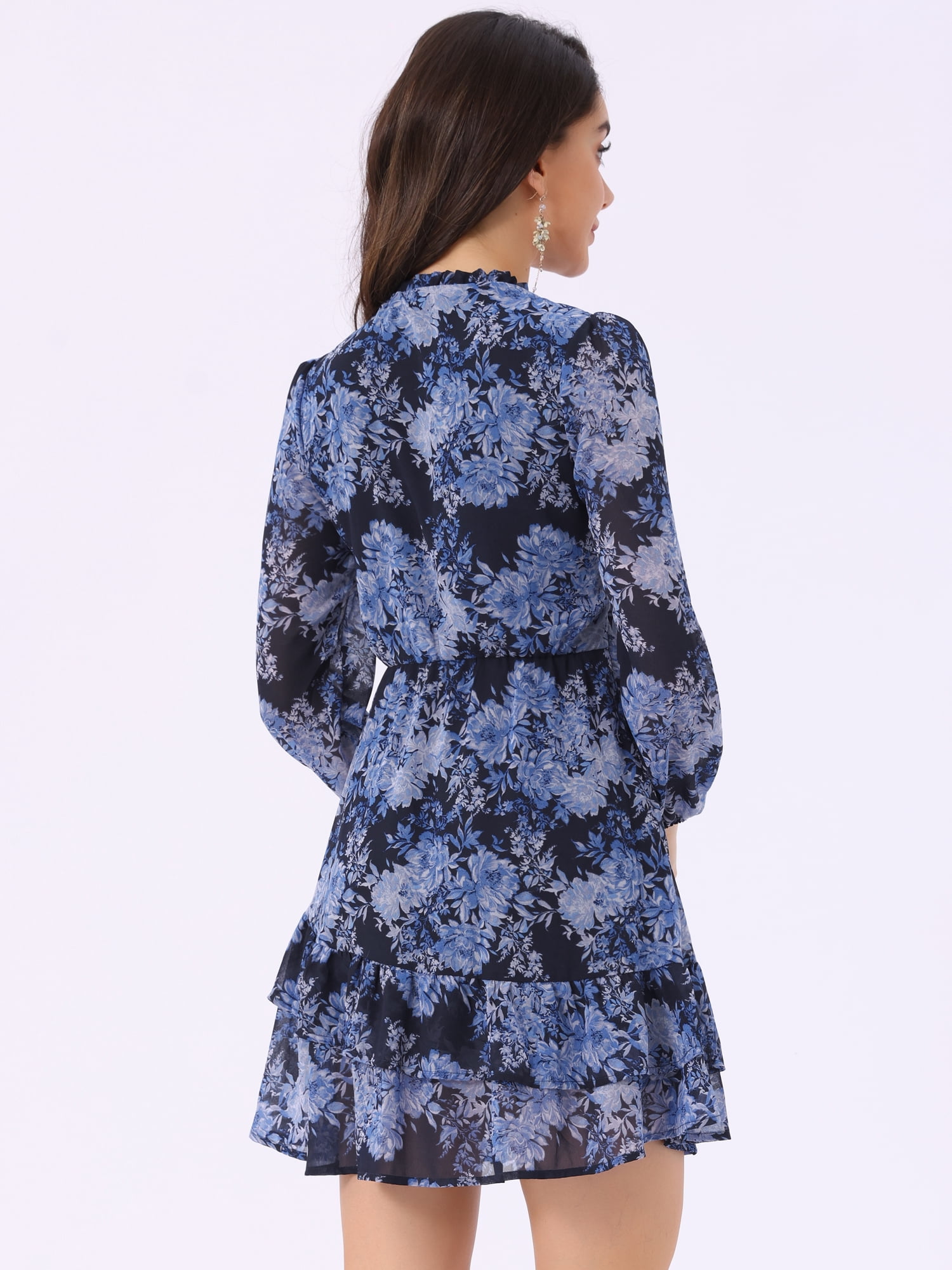 DARING DIVA Women's Layered Tiered Semi Sheer Chiffon Mini Dress L Dark Blue Floral