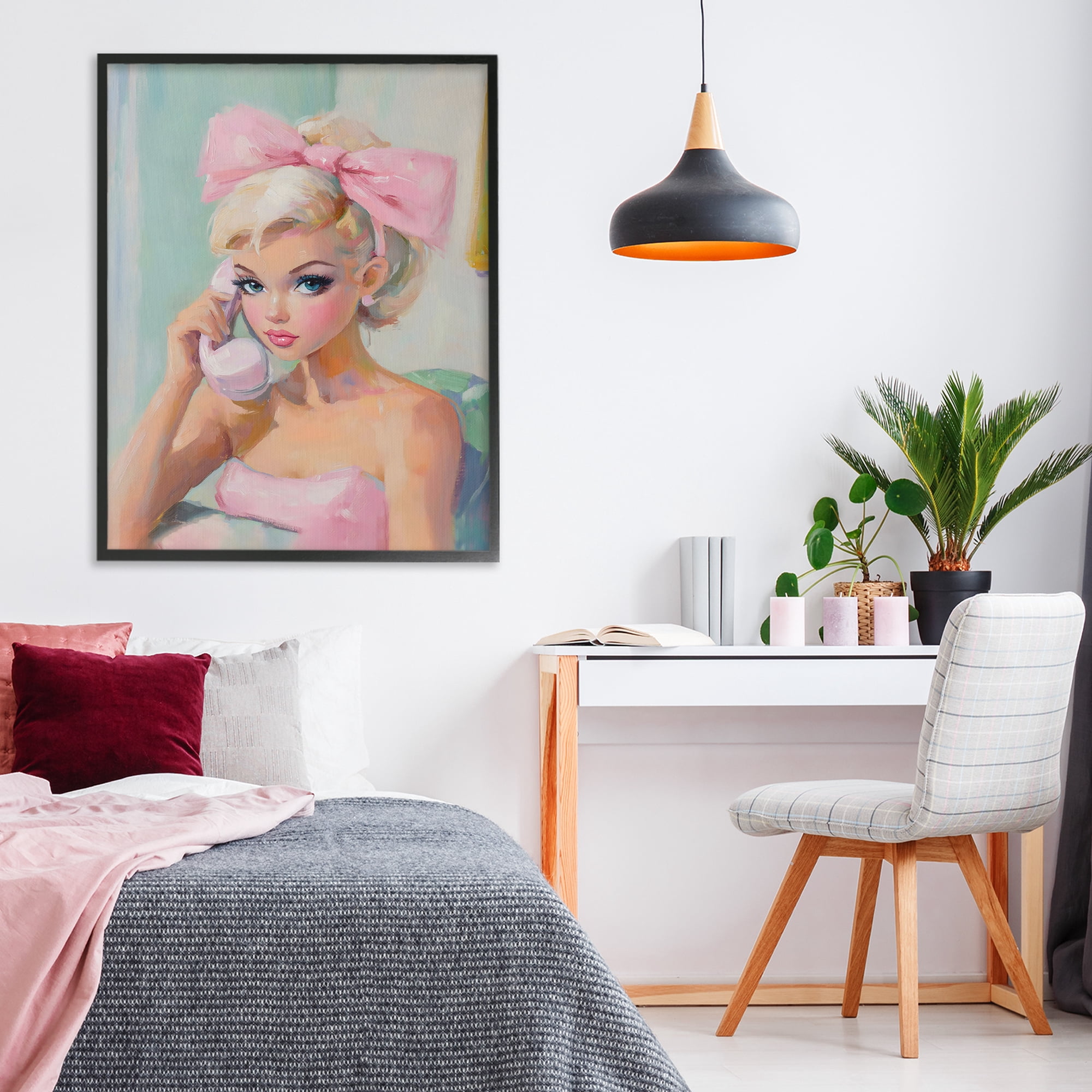 Stupell Industries Blonde Girl with Pink Bow Black Framed Giclee Art, design by The Prints Vibe