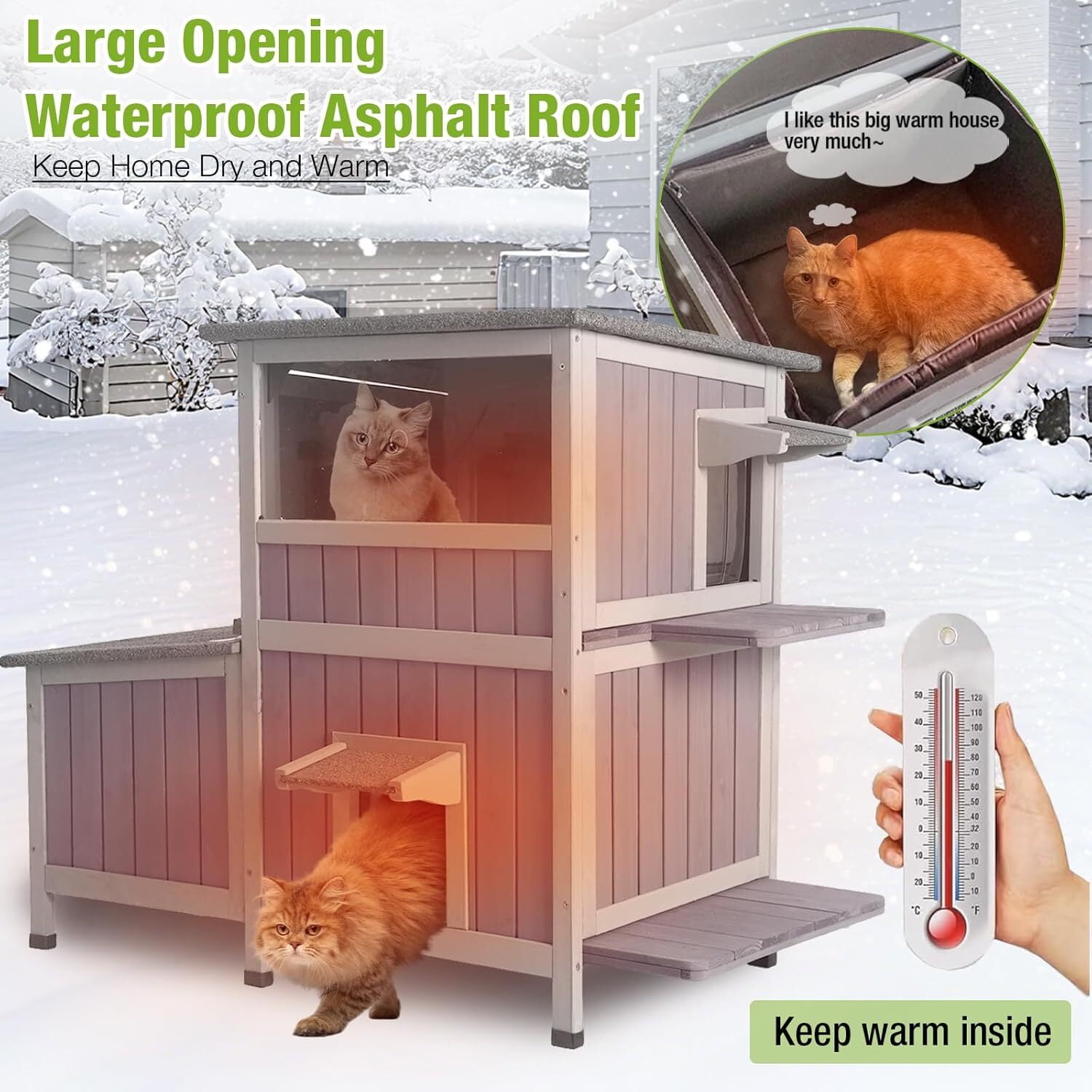 MEDEHOO Heated Cat House Outdoor Insulated Cat Cage with Heating Pad for Winter, Feral Kitty Shelter Waterproof Roof,23" D x 44" W x 34.5" H