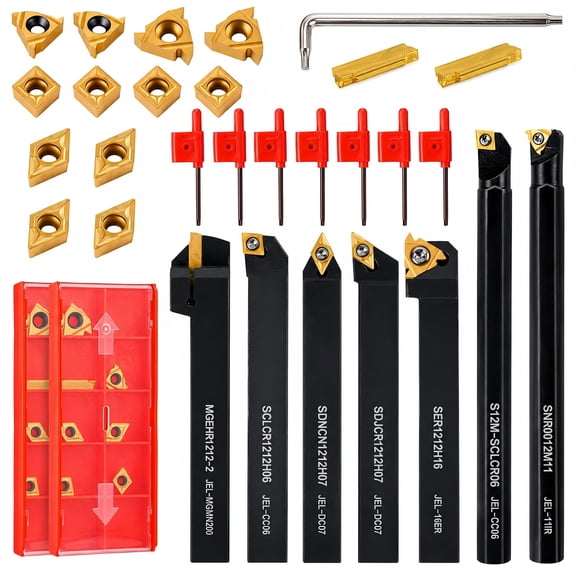 1/2" (12mm) Indexable Lathe Turning Tool Set, 21-Piece Metal Lathe Tool Holder Kit with Carbide Inserts for Turning, Grooving, Boring & Threading