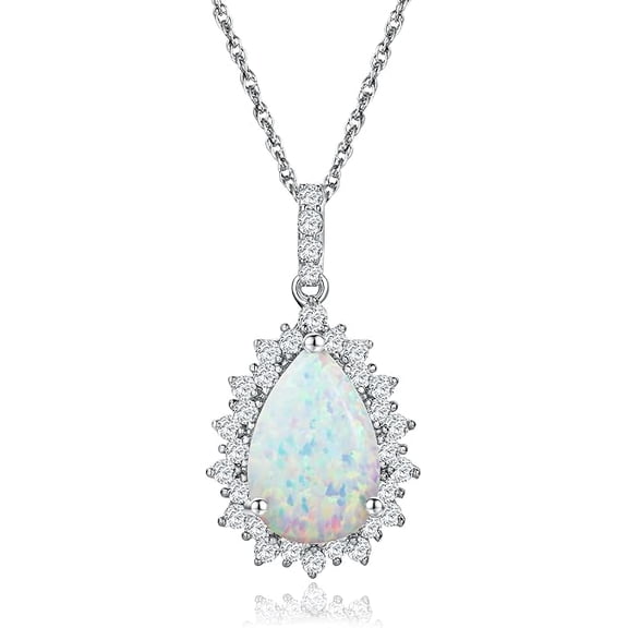 925 Sterling Silver Teardrop Opal Pendant Necklace with Genunine Diamond Pear Shaped October Birthstone Necklace Opal Jewelry Gift for Her