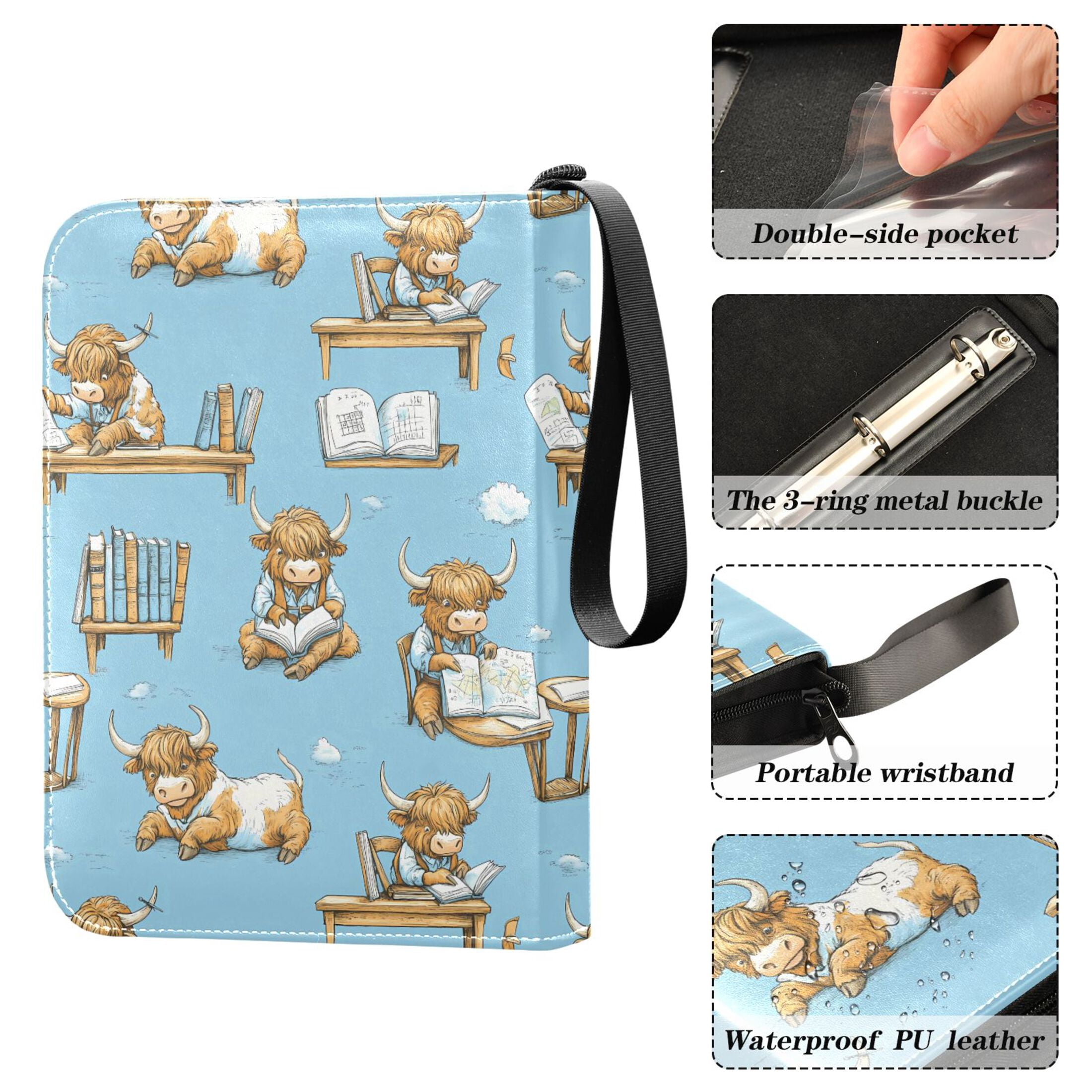 ALAZA Highland Cattle Reading Trading Card Binder 4 Pocket Cards Collection Album 400 Folder Holder