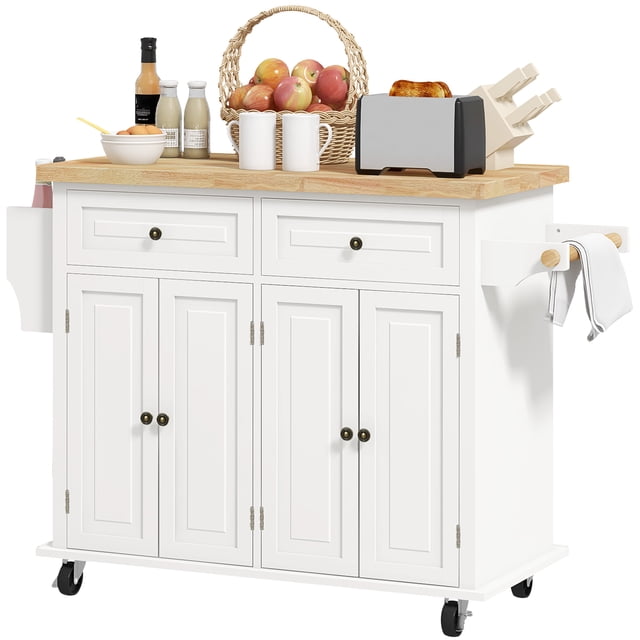 CoSoTower Kitchen Island with Storage, Rolling Trolley Cart with Rubber Wood Top, Spice Rack, Towel Rack, Cream White