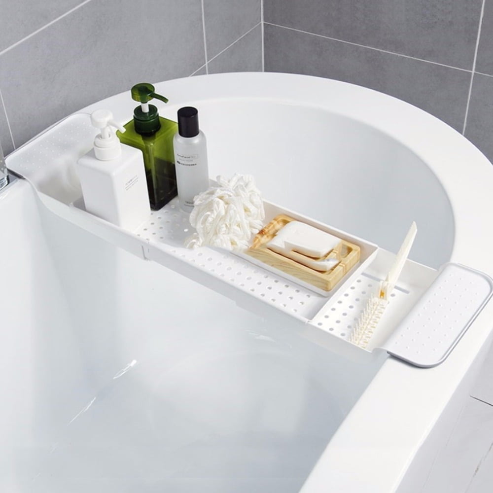 AIKENR Expandable Bath Shelf Adjustable Bathtub Caddy Tray Storage Rack Multifunctional Bathtub Tub Organizer Non-Slip Grip White 