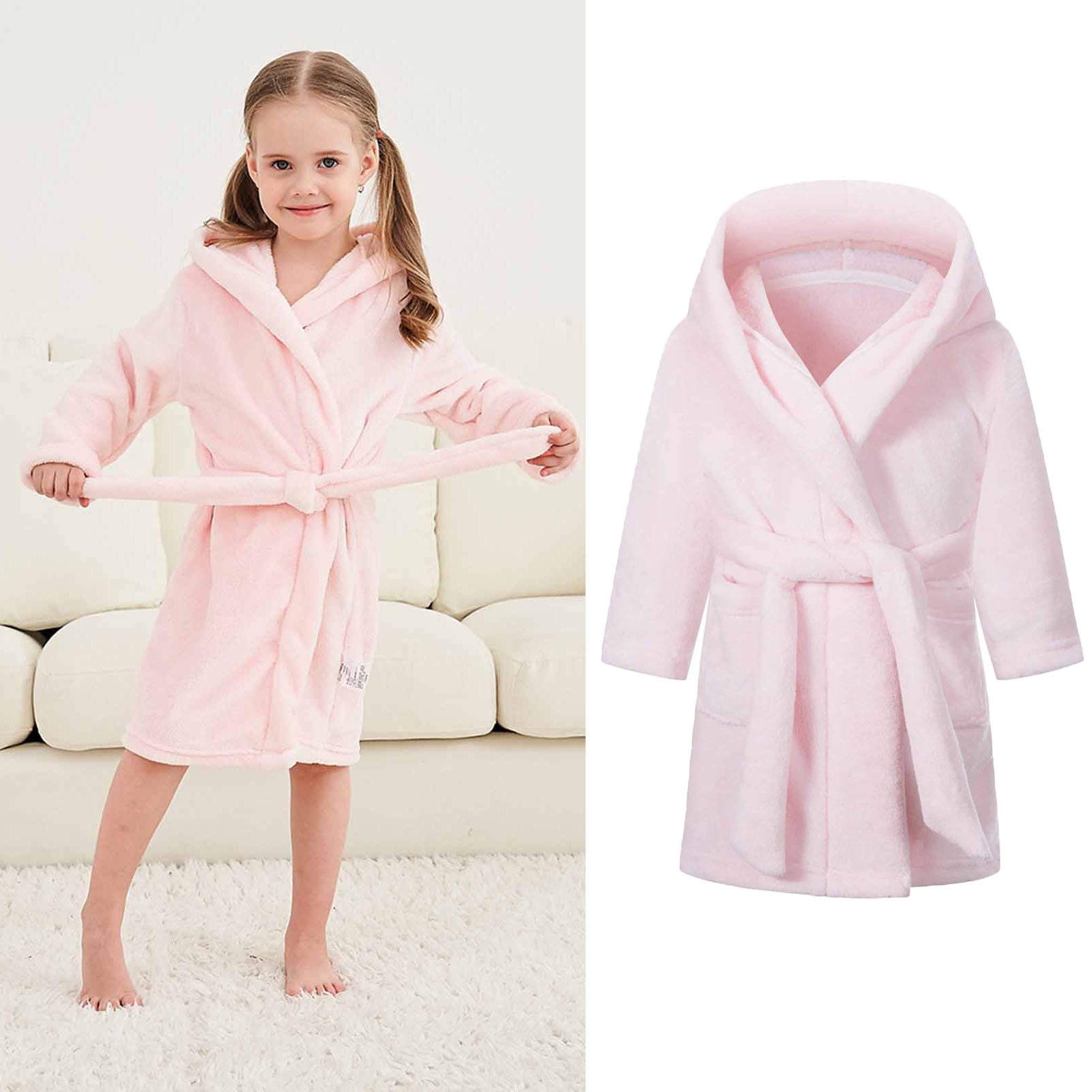 Cotton Hoodie Solid Bathrobe With Belt For Kids 39×43 Cm - Pink White