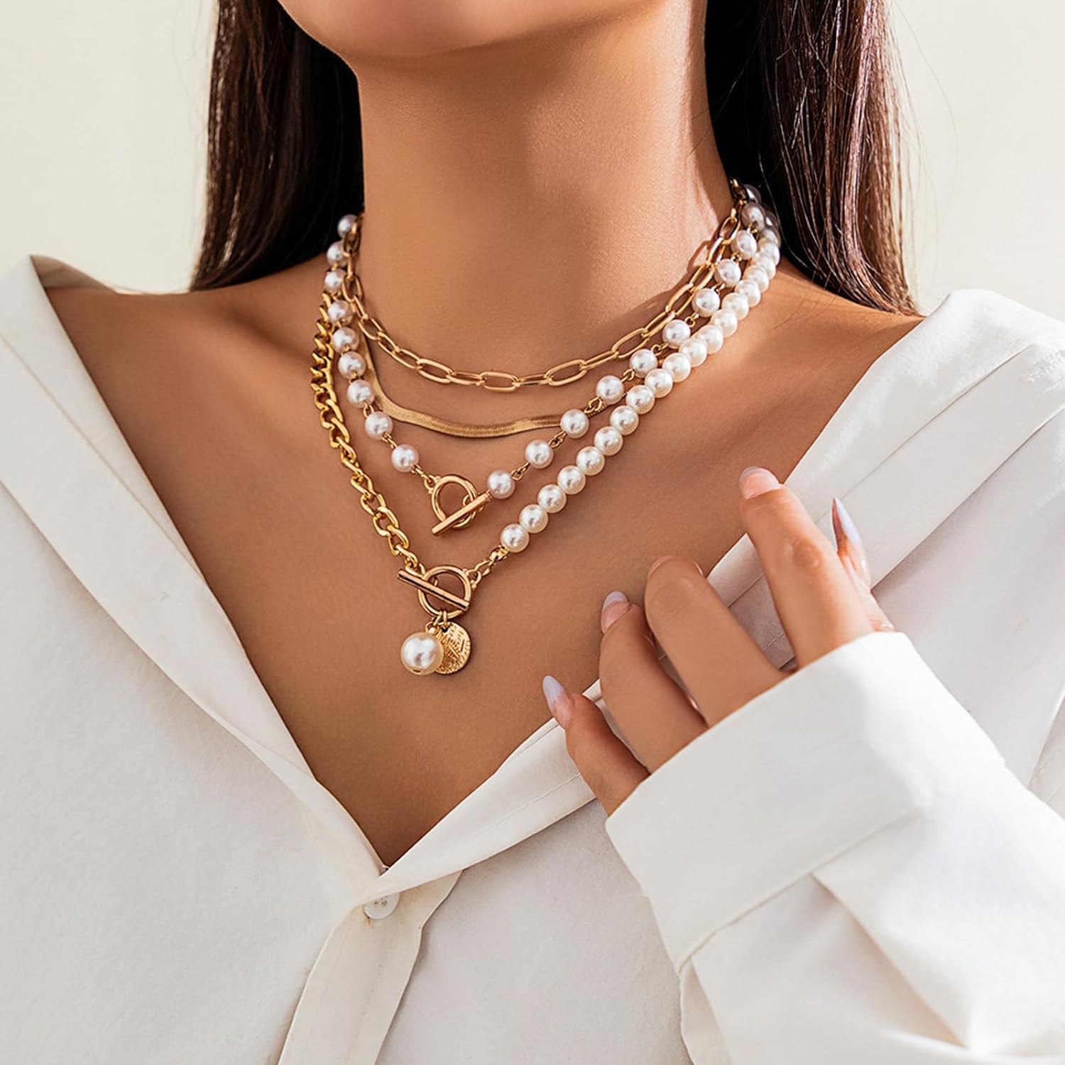 Gold Necklace Stack Boho Layered Necklaces For Women Trendy Pearl Necklaces Christmas Gifts Stocking Stuffers[Z411]