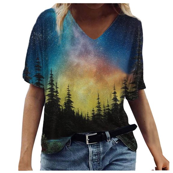 USSUMA Landcape Print V Neck T Shirts For Women V-Neck Short Sleeve Vintage Tops For Women Summer Basic Juniors Tops Blouses