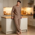 thumbnail image 4 of Mens Pajama Sets Long Sleeve Top and Pant 2 Piece Outfits Soft Lounge Sets Summer Fall Sleepwear Solid Color Loungewear Brown XL, 4 of 6