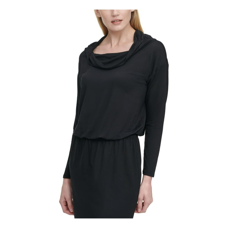 DKNY Womens Black Long Sleeve Cowl Neck Tea-Length Blouson Dress