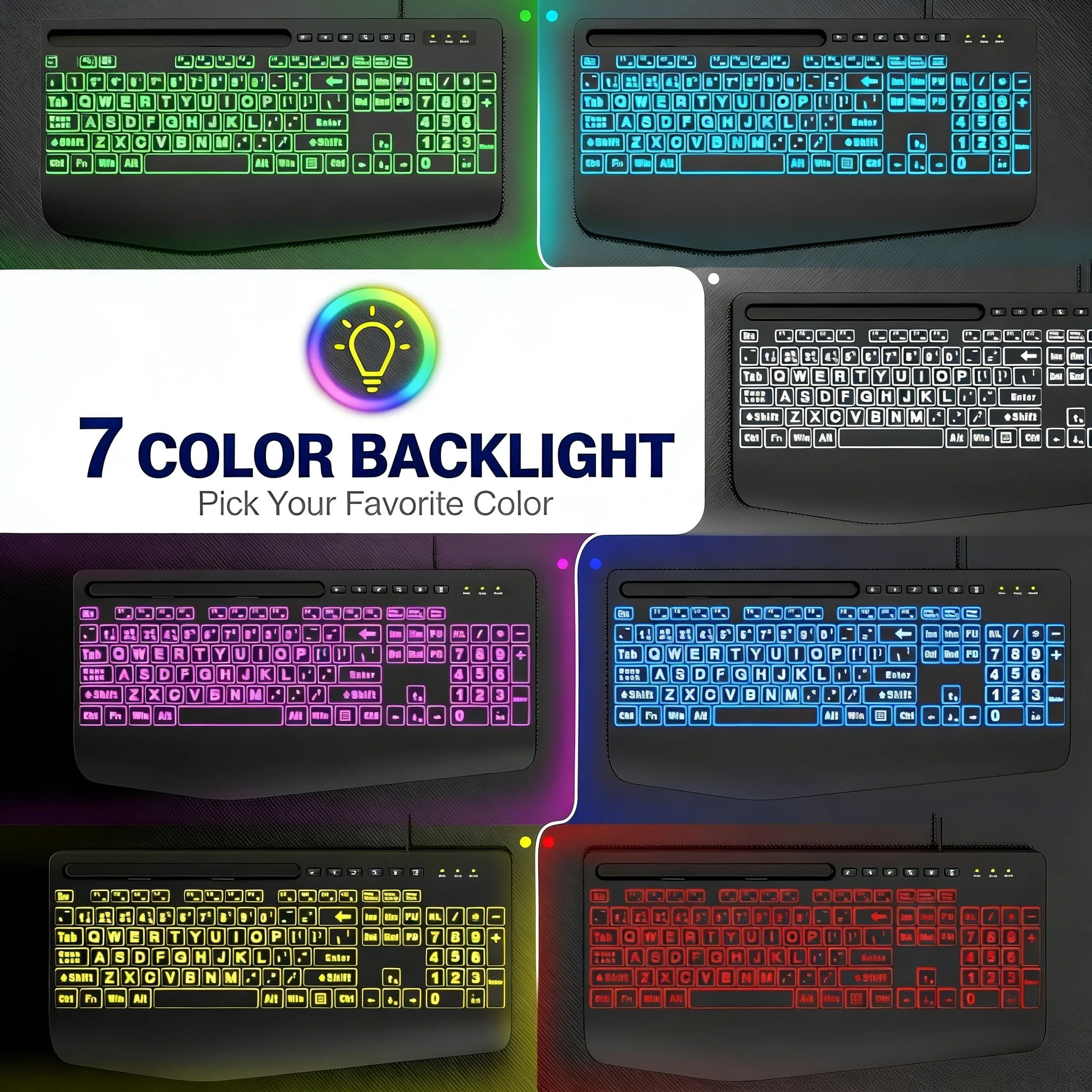 Large Print Wired Backlit Keyboard with 7-Color Backlight, Wrist Rest, Phone Holder, Oversized Keys, USB Plug & Play for PC Laptop Desktop Windows, Black